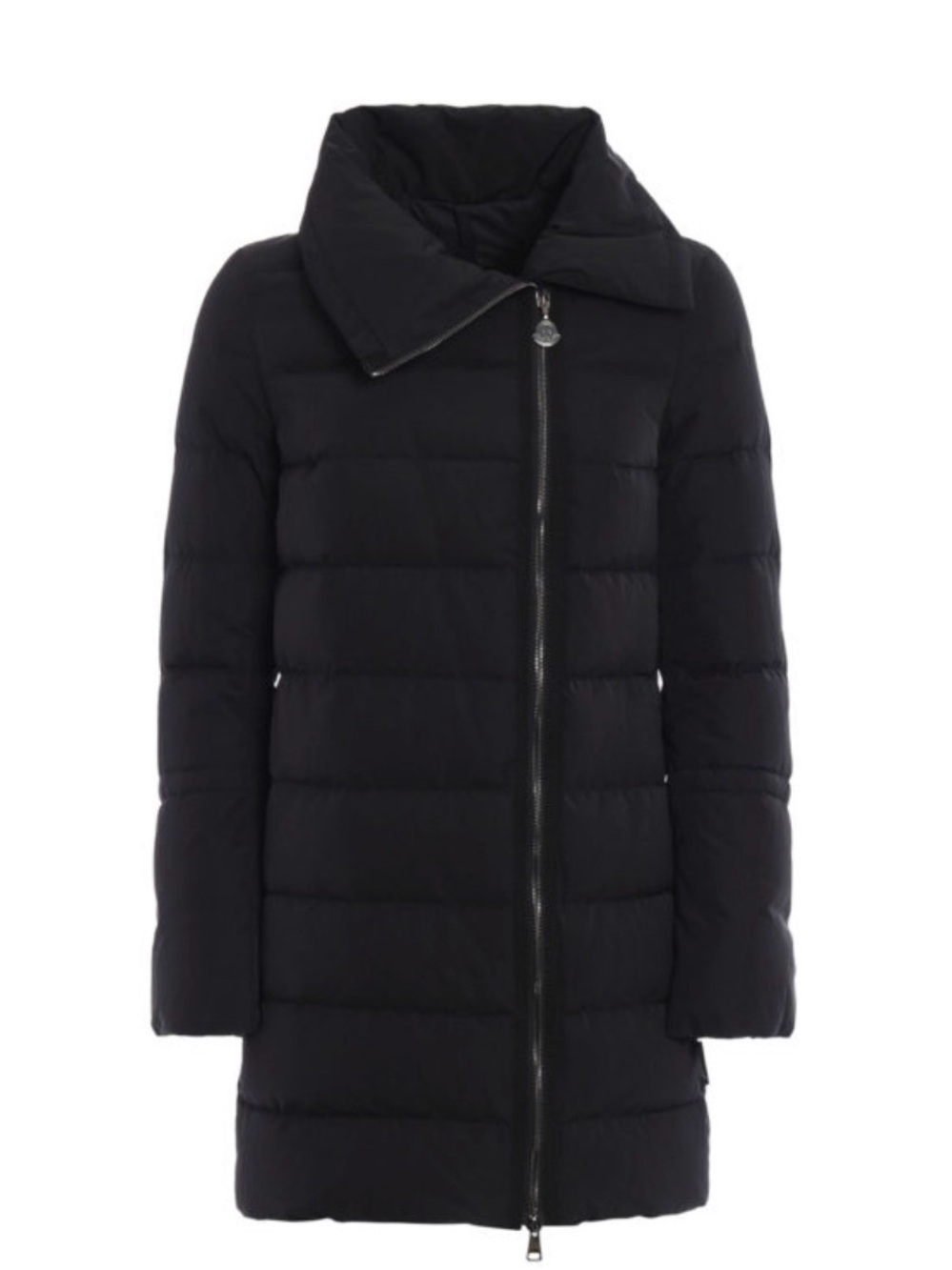 Moncler Lobelia Black Goose Down Puffer Coat Asymmetrical Zip Funnel Neck sz 0
